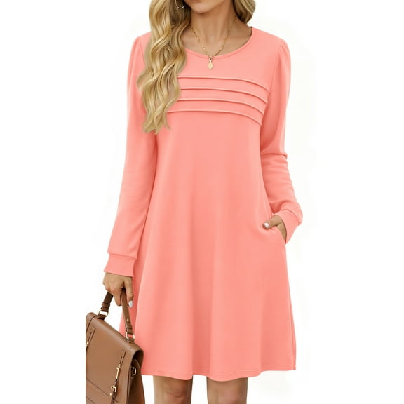Fantaslook Pleated Long Sleeve Dresses for Women Fashion Fall Dresses Casual Dress with Pockets
