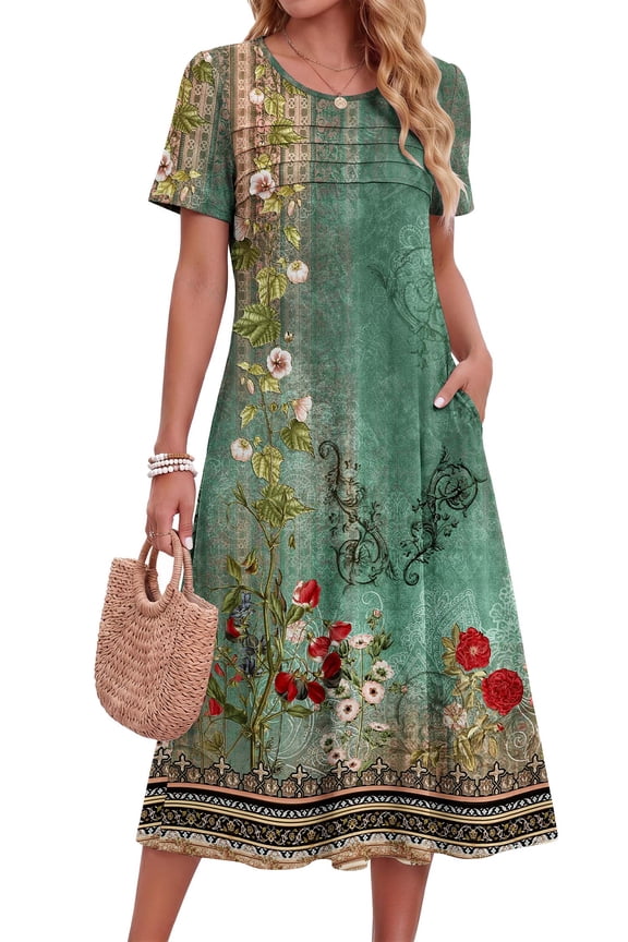 Pleated Summer Dresses for Women Short Sleeve A Line Midi Dress Flowy Floral Sundress Casual Dress with Pockets