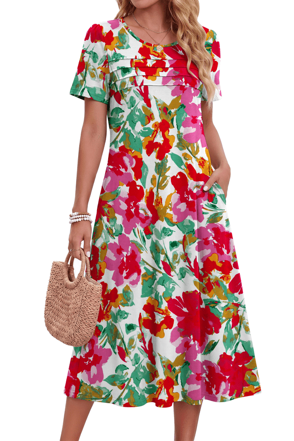 Pleated Summer Dresses for Women Short Sleeve A Line Midi Dress Flowy Floral Sundress Casual Dress with Pockets