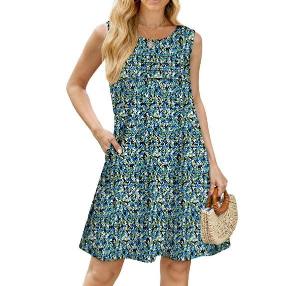 Fantaslook Pleated Tank Dresses for Women Fashion Summer Sleeveless Sundress Casual Beach Dress with Pockets
