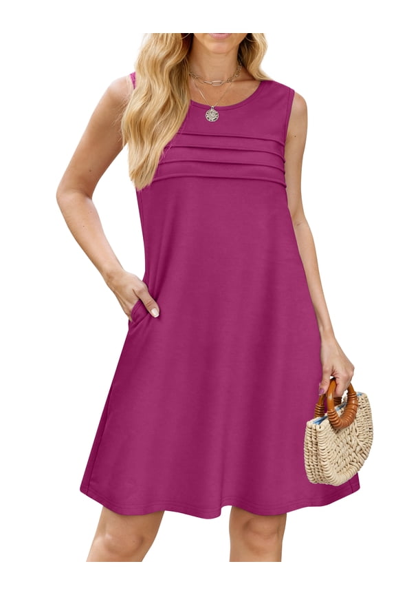 Pleated Tank Dresses for Women Fashion Summer Sleeveless Sundress Casual Beach Dress with Pockets