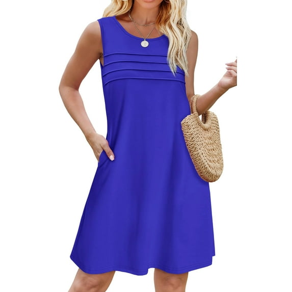 Fantaslook Pleated Tank Dresses for Women Fashion Summer Sleeveless Sundress Casual Beach Dress with Pockets