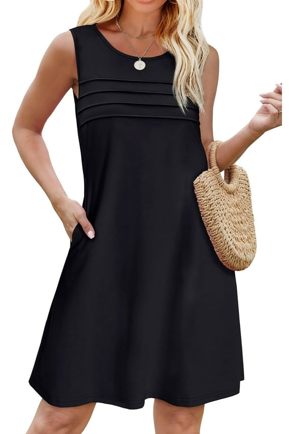 Pleated Tank Dresses for Women Fashion Summer Sleeveless Sundress Casual Beach Dress with Pockets