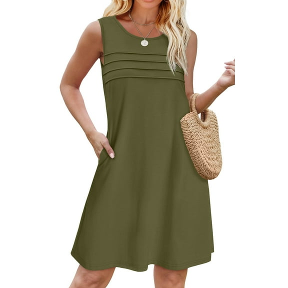 Fantaslook Pleated Tank Dresses for Women Fashion Summer Sleeveless Sundress Casual Beach Dress with Pockets