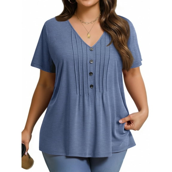 Fantaslook Plus Size Blouses for Women Pleated Button Short Sleeve Shirts Casual V Neck Tunic Tops