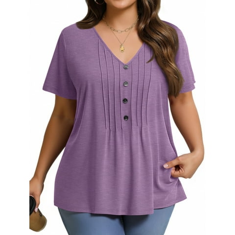 Plus Size Blouses for Women Pleated Button Short Sleeve Shirts Casual V Neck Tunic Tops