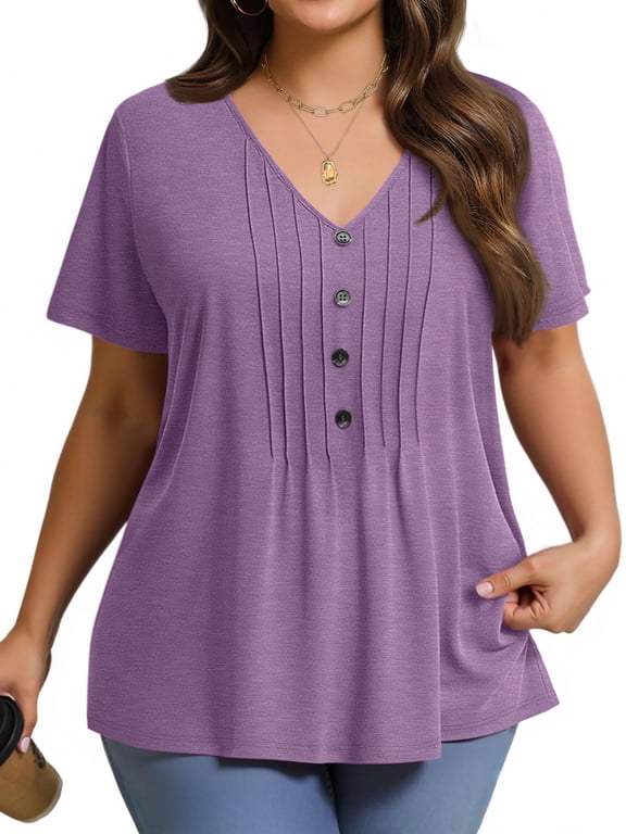 Plus Size Blouses for Women Pleated Button Short Sleeve Shirts Casual V Neck Tunic Tops