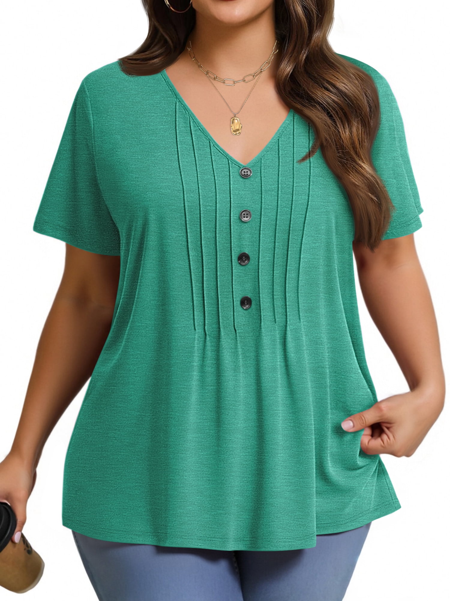Fantaslook Plus Size Blouses, Pleated Button Short Sleeve V Neck Tunic ...