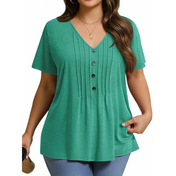 Fantaslook Plus Size Blouses for Women Pleated Button Short Sleeve Shirts Casual V Neck Tunic Tops