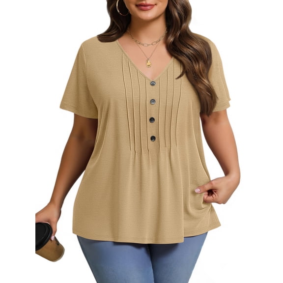 Fantaslook Plus Size Blouses for Women Pleated Button Short Sleeve Shirts Casual V Neck Tunic Tops