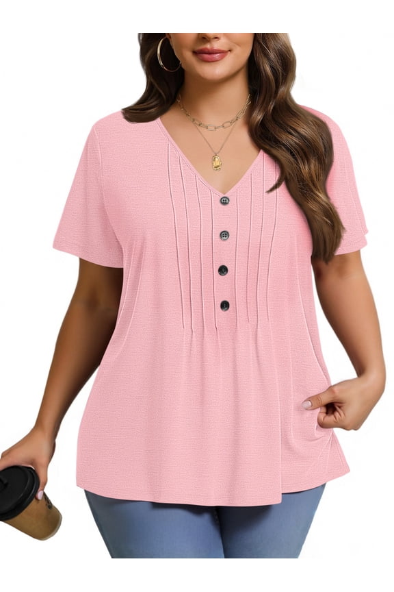 Plus Size Blouses for Women Pleated Button Short Sleeve Shirts Casual V Neck Tunic Tops