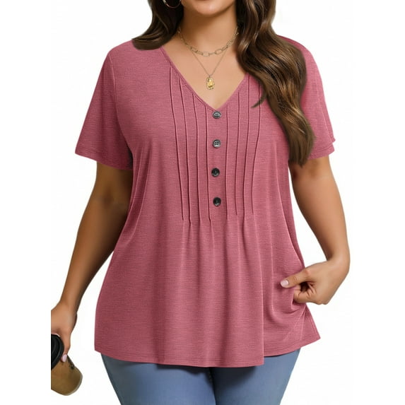 Fantaslook Plus Size Blouses for Women Pleated Button Short Sleeve Shirts Casual V Neck Tunic Tops