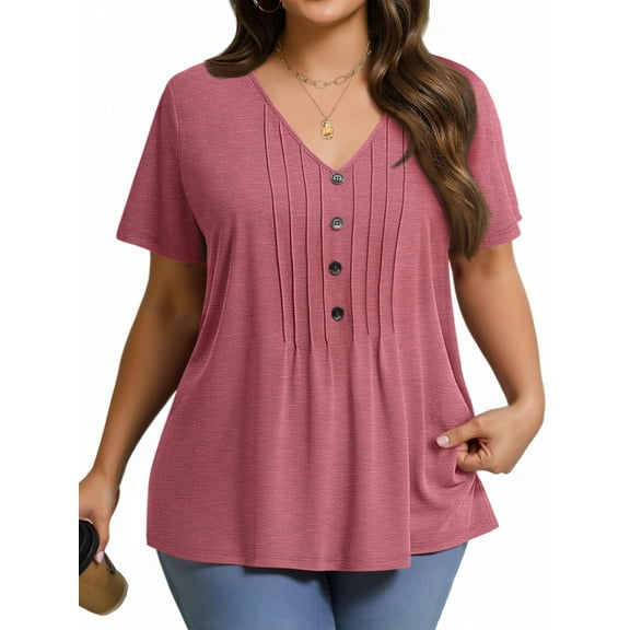 Fantaslook Plus Size Blouses for Women Pleated Button Short Sleeve Shirts Casual V Neck Tunic Tops