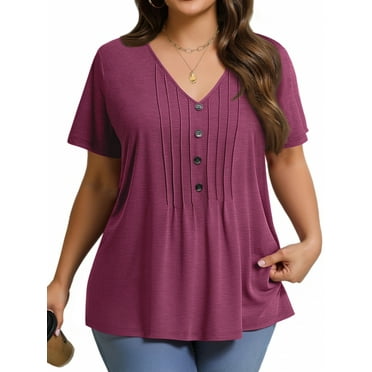 Fantaslook Plus Size Blouses for Women Pleated Button Short Sleeve Shirts Casual V Neck Tunic Tops