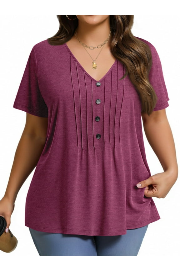 Plus Size Blouses for Women Pleated Button Short Sleeve Shirts Casual V Neck Tunic Tops