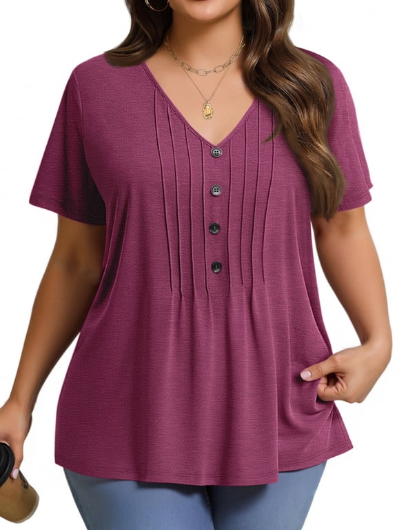 Plus Size Blouses for Women Pleated Button Short Sleeve Shirts Casual V Neck Tunic Tops