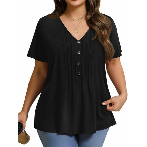 Fantaslook Plus Size Blouses for Women Pleated Button Short Sleeve Shirts Casual V Neck Tunic Tops