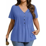 Fantaslook Plus Size Blouses for Women Pleated Button Short Sleeve Shirts Casual V Neck Tunic Tops