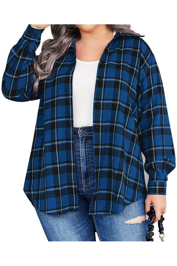 Plus Size Button Down Shirts for Women Long Sleeve Plaid Flannel Shirt Casual Boyfriend Tops