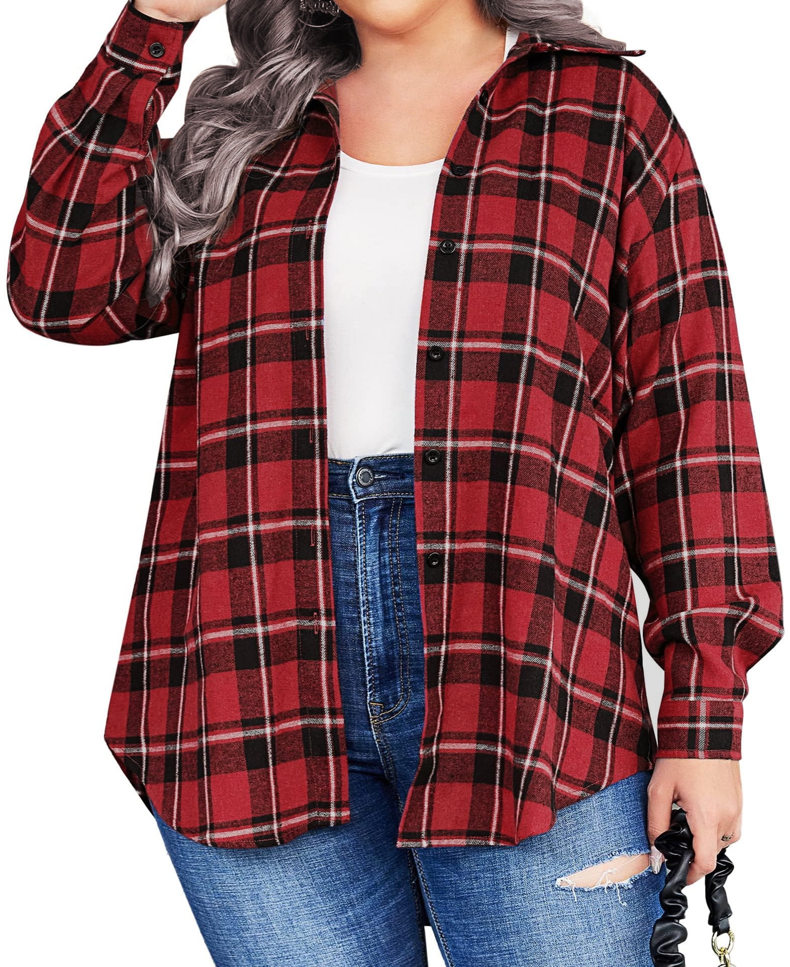 Fantaslook Plus Size Button Down Shirts for Women Long Sleeve Plaid ...