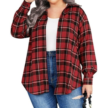 Fantaslook Plus Size Button Down Shirts for Women Long Sleeve Plaid Flannel Shirt Casual Boyfriend Tops
