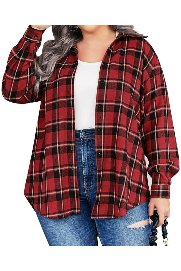 Plus Size Button Down Shirts for Women Long Sleeve Plaid Flannel Shirt Casual Boyfriend Tops