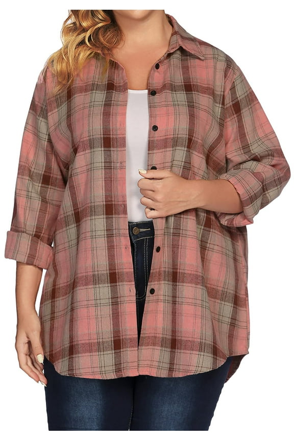 Plus Size Button Down Shirts for Women Long Sleeve Plaid Flannel Shirt Casual Boyfriend Tops