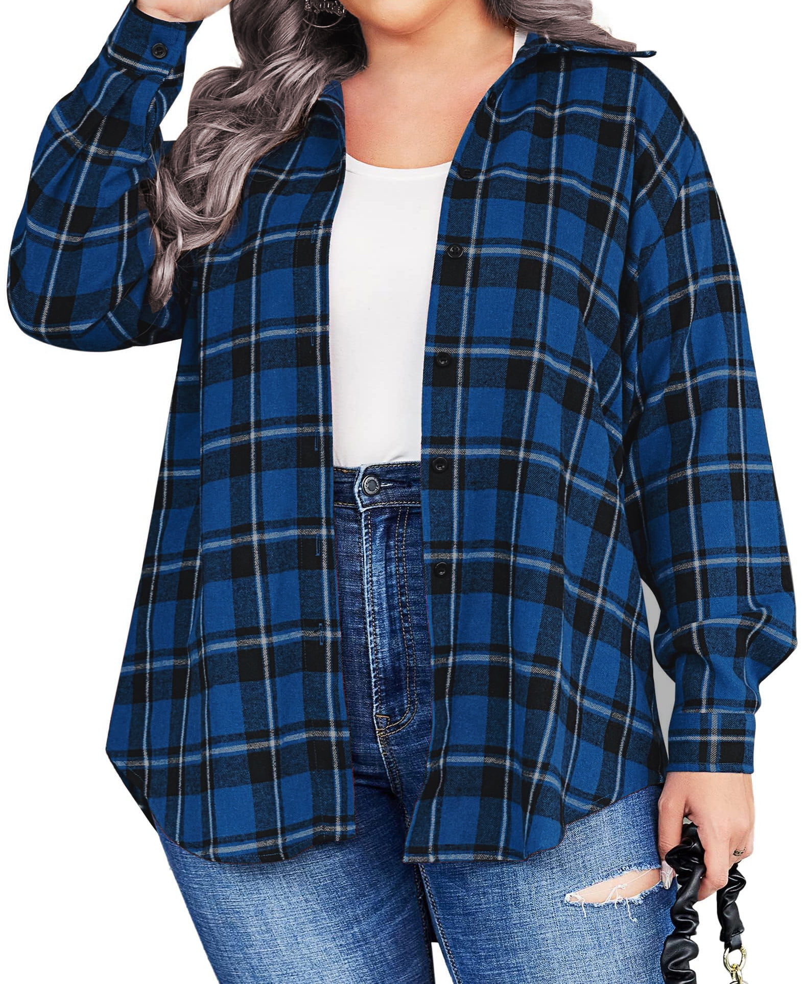 Fantaslook Plus Size Button Down Shirts for Women Long Sleeve Plaid ...