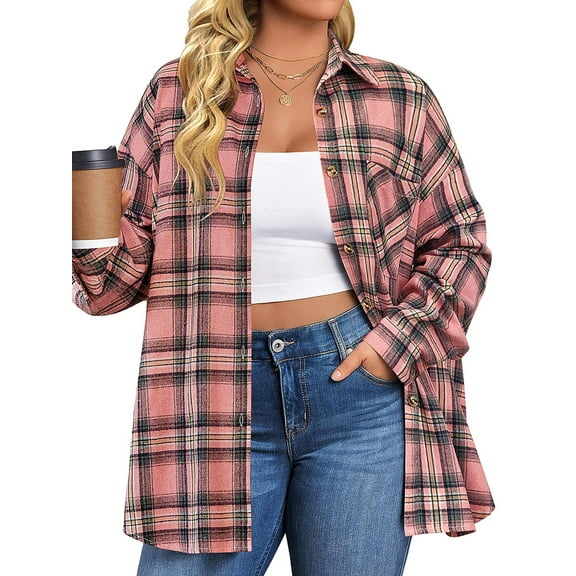 Fantaslook Plus Size Flannel Plaid Shirts for Women Long Sleeve Button Down Shirts Casual Loose Blouses Tops