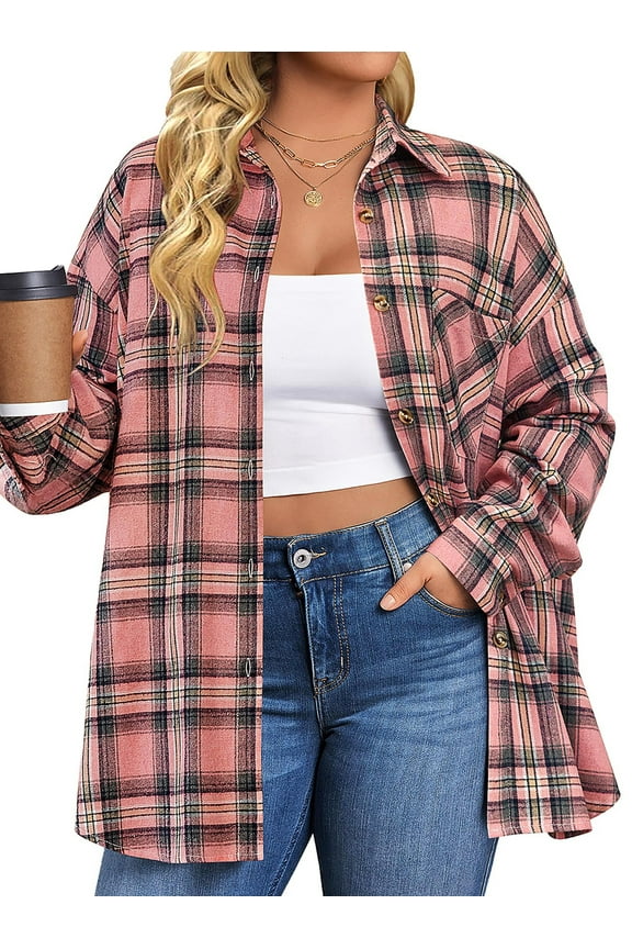 Plus Size Flannel Plaid Shirts for Women Long Sleeve Button Down Shirts Casual Loose Blouses Tops