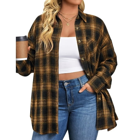 Fantaslook Plus Size Flannel Plaid Shirts for Women Long Sleeve Button Down Shirts Casual Loose Blouses Tops