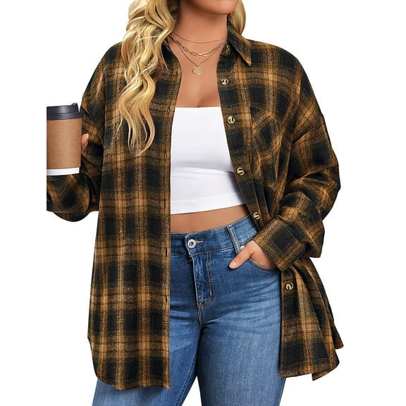 Fantaslook Plus Size Flannel Plaid Shirts for Women Long Sleeve Button Down Shirts Casual Loose Blouses Tops