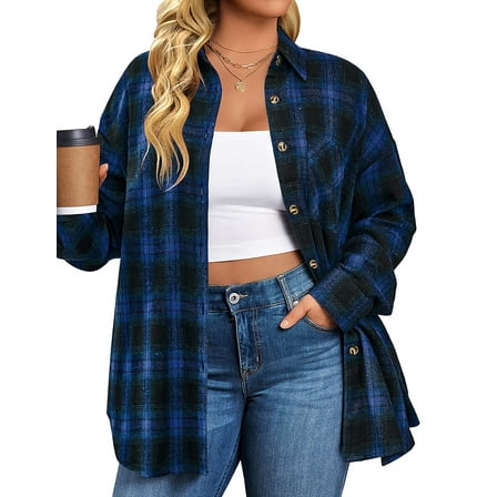 Fantaslook Plus Size Flannel Plaid Shirts for Women Long Sleeve Button Down Shirts Casual Loose Blouses Tops
