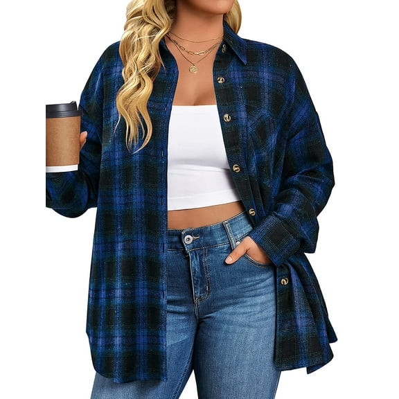 Fantaslook Plus Size Flannel Plaid Shirts for Women Long Sleeve Button Down Shirts Casual Loose Blouses Tops
