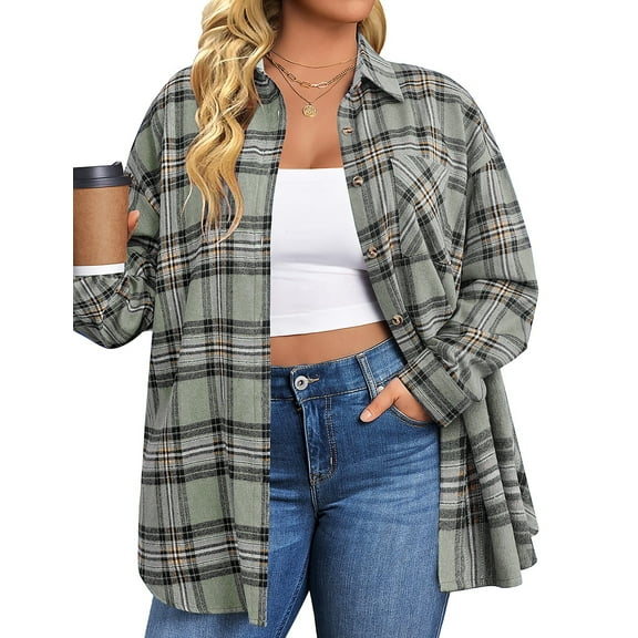 Fantaslook Plus Size Flannel Plaid Shirts for Women Long Sleeve Button Down Shirts Casual Loose Blouses Tops