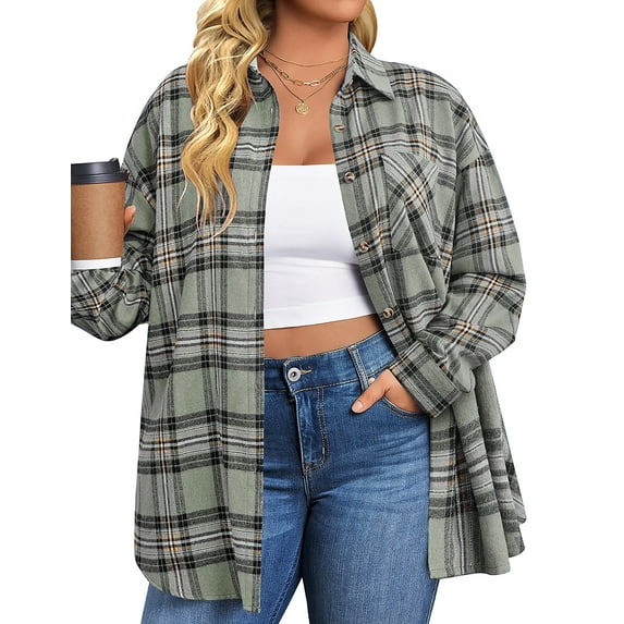 Fantaslook Plus Size Flannel Plaid Shirts for Women Long Sleeve Button Down Shirts Casual Loose Blouses Tops
