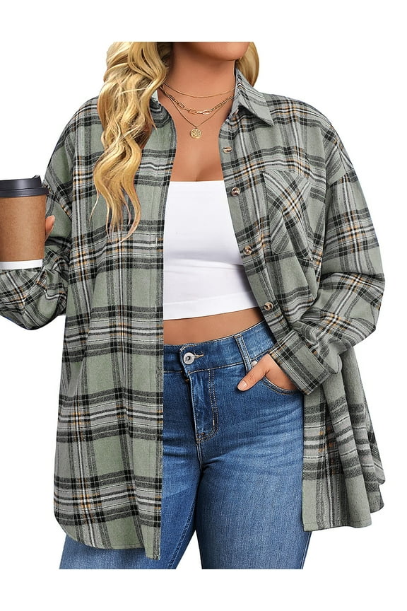 Plus Size Flannel Plaid Shirts for Women Long Sleeve Button Down Shirts Casual Loose Blouses Tops