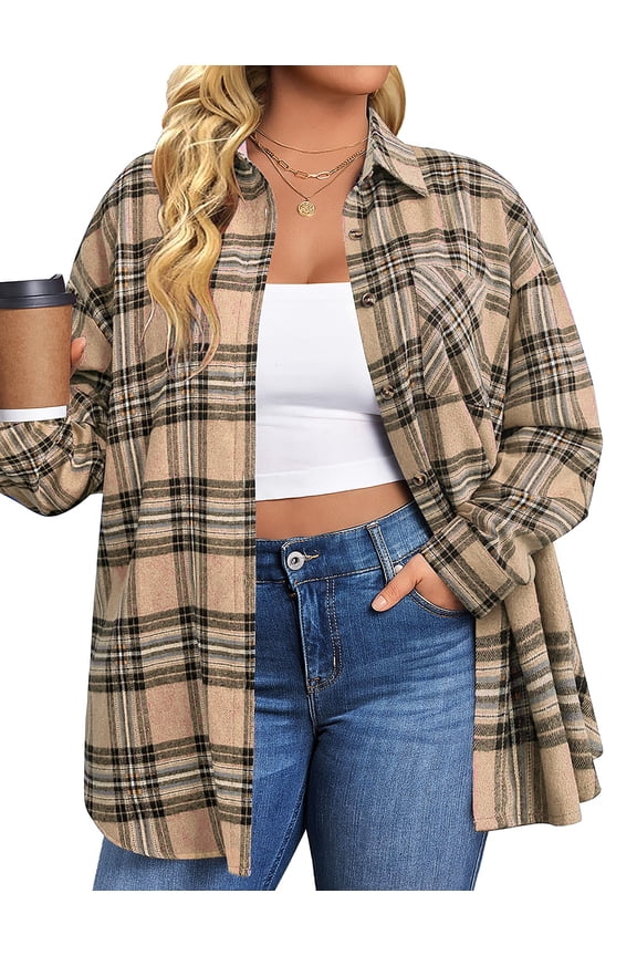Plus Size Flannel Plaid Shirts for Women Long Sleeve Button Down Shirts Casual Loose Blouses Tops