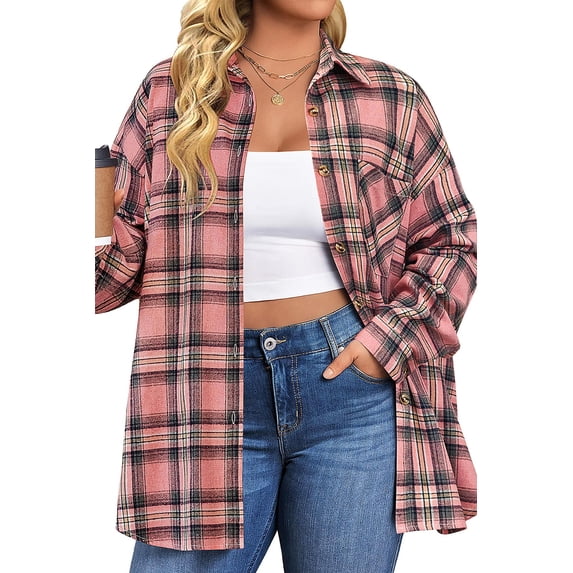 Fantaslook Plus Size Flannel Plaid Shirts for Women Long Sleeve Button Down Shirts Casual Loose Blouses Tops