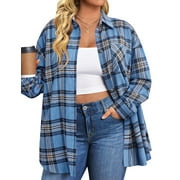 Fantaslook Plus Size Flannel Plaid Shirts for Women Long Sleeve Button Down Shirts Casual Loose Blouses Tops