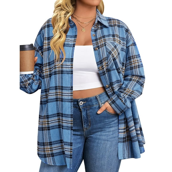 Fantaslook Plus Size Flannel Plaid Shirts for Women Long Sleeve Button Down Shirts Casual Loose Blouses Tops