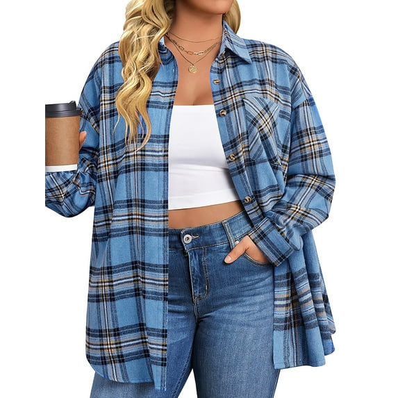 Fantaslook Plus Size Flannel Plaid Shirts for Women Long Sleeve Button Down Shirts Casual Loose Blouses Tops
