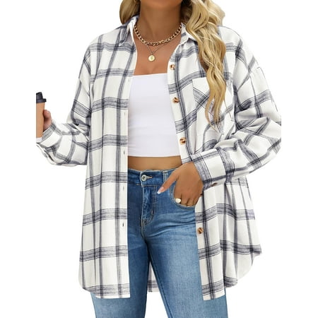 Fantaslook Plus Size Flannel Plaid Shirts for Women Long Sleeve Button Down Shirts Casual Loose Blouses Tops