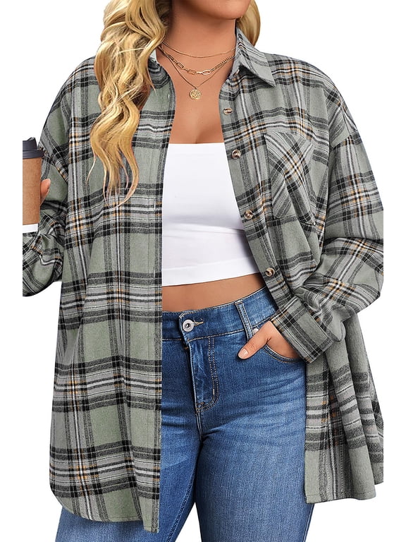 Plus Size Flannel Plaid Shirts for Women Long Sleeve Button Down Shirts Casual Loose Blouses Tops