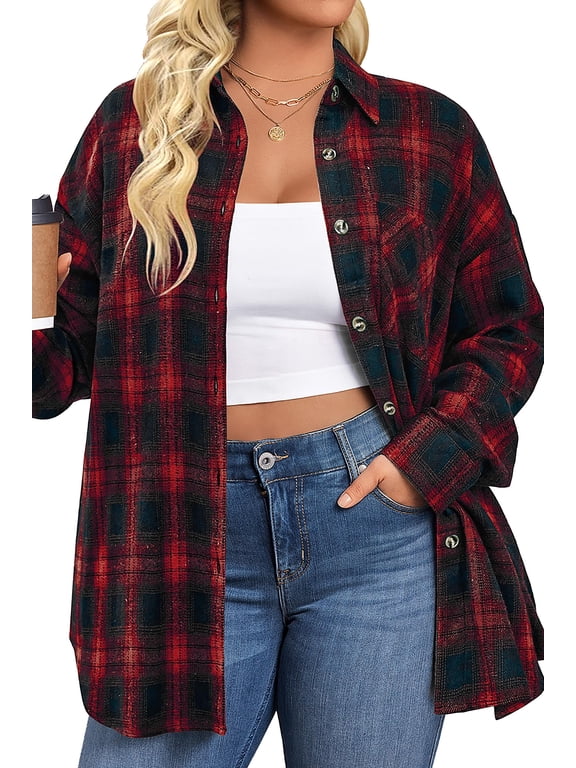 Plus Size Flannel Plaid Shirts for Women Long Sleeve Button Down Shirts Casual Loose Blouses Tops