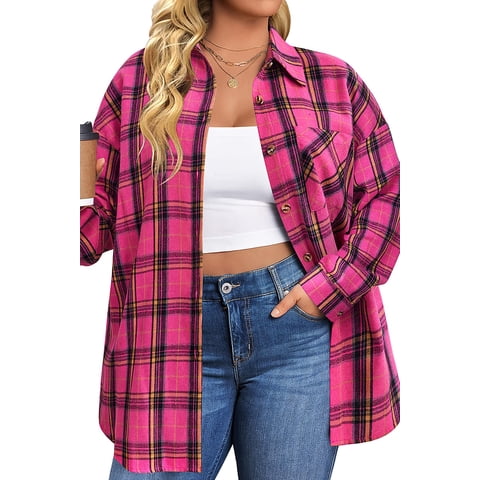 Plus Size Flannel Plaid Shirts for Women Long Sleeve Button Down Shirts Casual Loose Blouses Tops