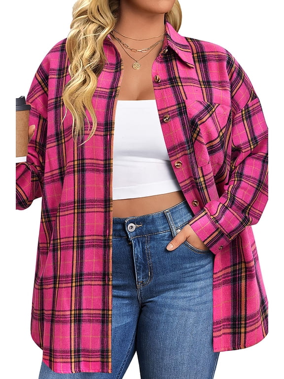 Plus Size Flannel Plaid Shirts for Women Long Sleeve Button Down Shirts Casual Loose Blouses Tops