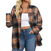 Fantaslook Plus Size Flannel Plaid Shirts for Women Long Sleeve Button Down Shirts Casual Loose Blouses Tops