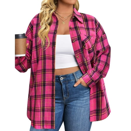 Fantaslook Plus Size Flannel Plaid Shirts for Women Long Sleeve Button Down Shirts Casual Loose Blouses Tops