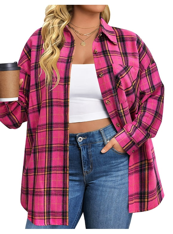 Plus Size Flannel Plaid Shirts for Women Long Sleeve Button Down Shirts Casual Loose Blouses Tops